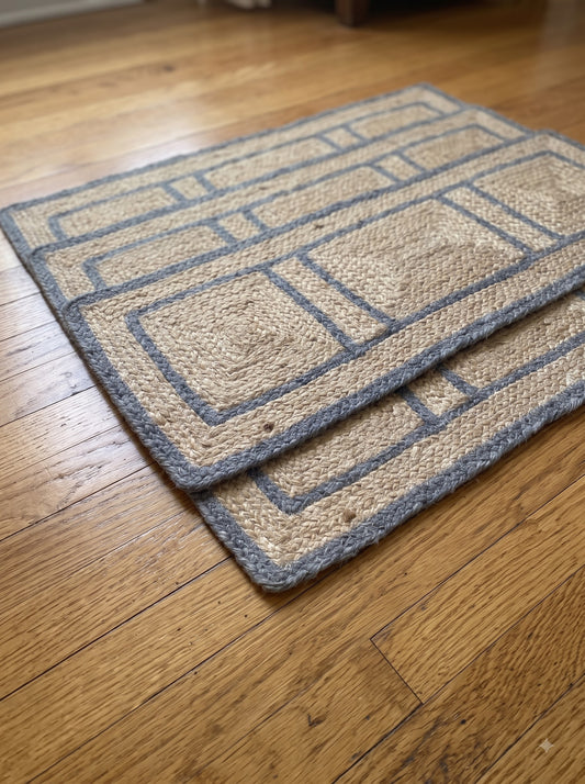 Hand Braided Jute Stair Treads with Dusty Blue Border, Farmhouse Decor Hand Braided Jute Stair Treads with Dusty Blue Border, Farmhouse Decor