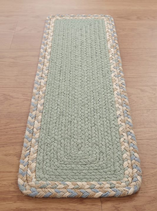 Handmade Eucalyptus Green Stair Treads, Braided Design with Tweed Border, Japandi Decor Handmade Eucalyptus Green Stair Treads, Braided Design with Tweed Border, Japandi Decor