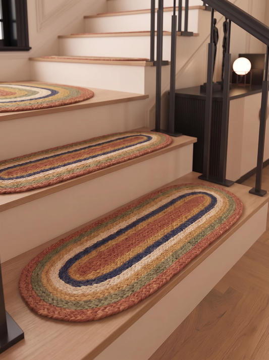 Multicolor Braided Jute Stair Treads Set, Oval Boho Farmhouse Step Rugs Multicolor Braided Jute Stair Treads Set, Oval Boho Farmhouse Step Rugs