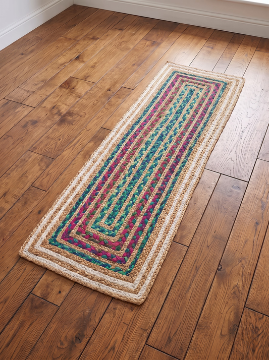 Hand Braided Jute Stair Treads, Multicolor Chindi Border, Boho Staircase Step Mats Hand Braided Jute Stair Treads, Multicolor Chindi Border, Boho Staircase Step Mats