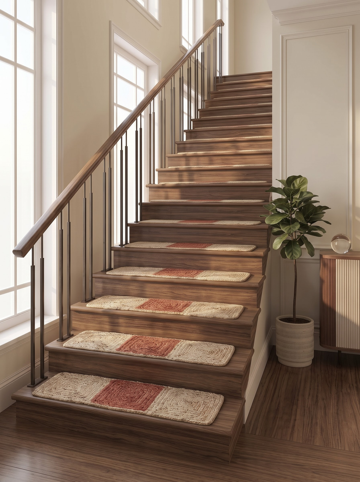 Handmade Braided Stair Treads, Brick Red Geometric Center, Farmhouse Step Mats Handmade Braided Stair Treads, Brick Red Geometric Center, Farmhouse Step Mats