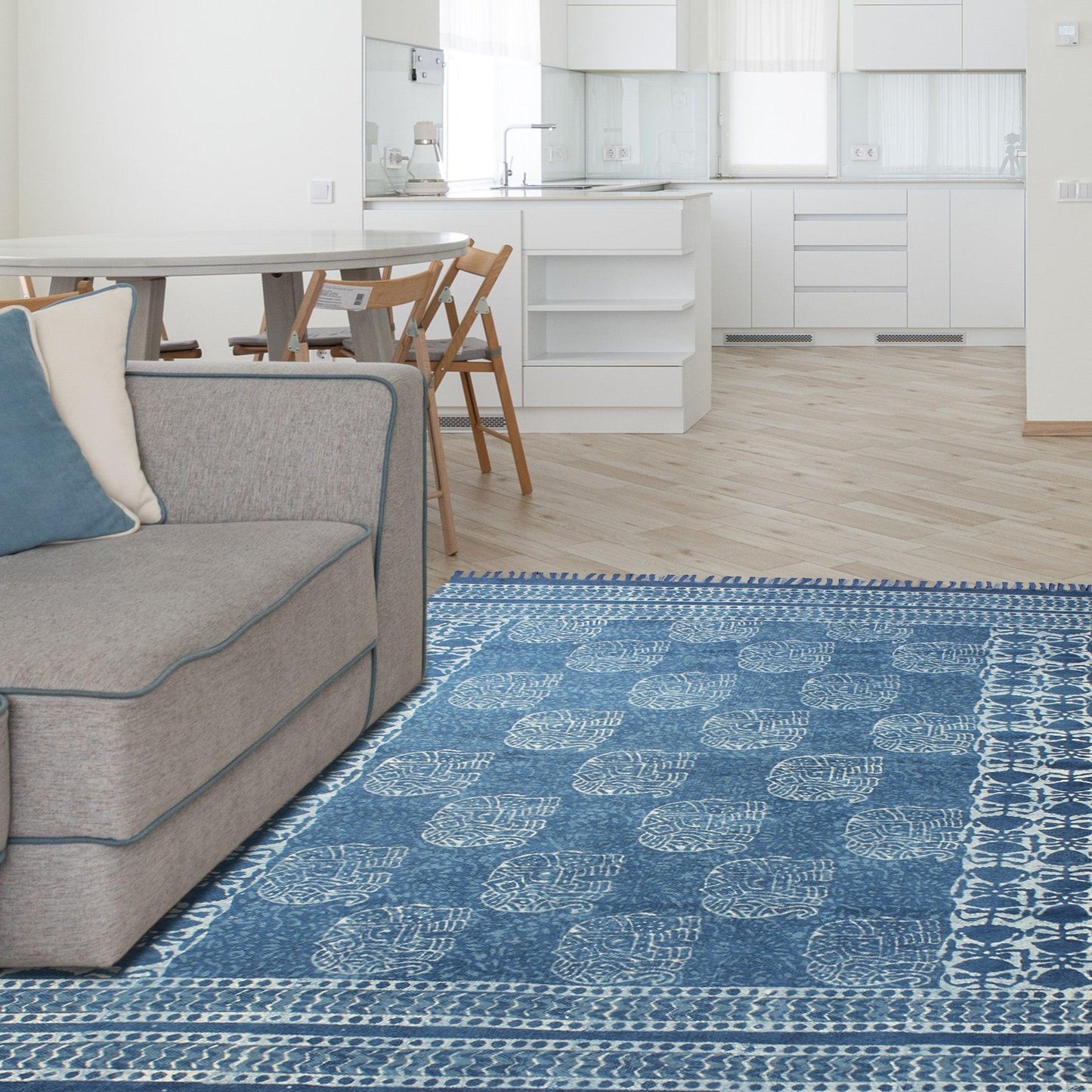 Geometric Hand Block Print Blue Beige Stylish Entrance Decor Cotton Rug