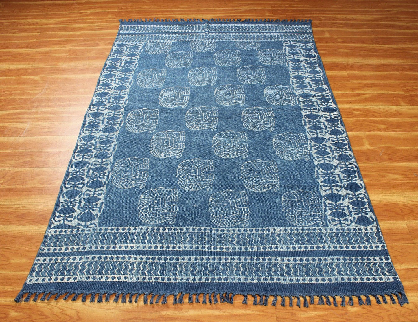 Geometric Hand Block Print Blue Beige Stylish Entrance Decor Cotton Rug