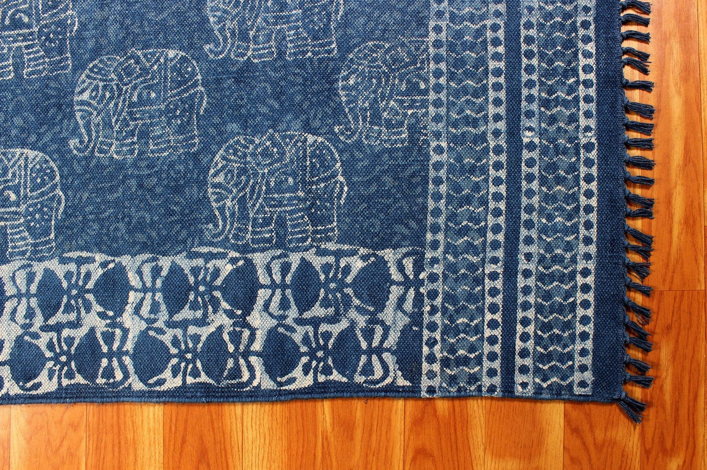 Geometric Hand Block Print Blue Beige Stylish Entrance Decor Cotton Rug