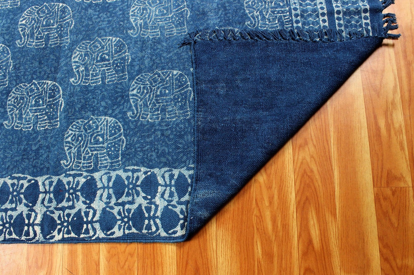 Geometric Hand Block Print Blue Beige Stylish Entrance Decor Cotton Rug
