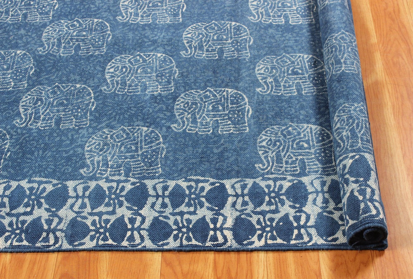 Geometric Hand Block Print Blue Beige Stylish Entrance Decor Cotton Rug