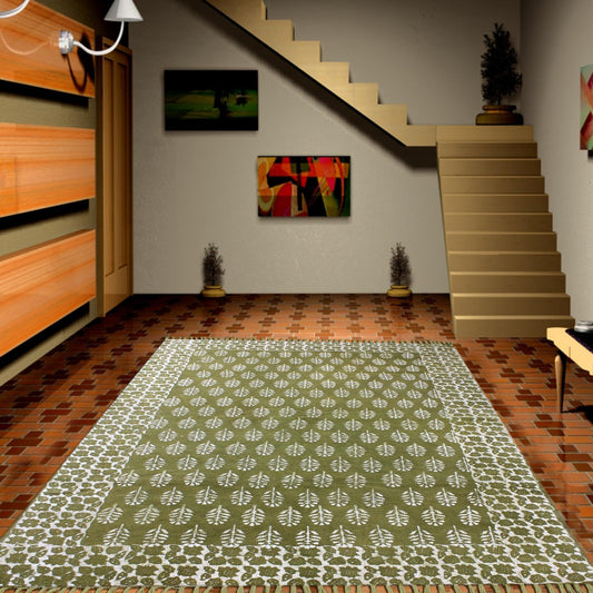 Tappeto d'ingresso in cotone con stampa a blocchi orientali, verde beige, elegante Tappeto d'ingresso in cotone con stampa a blocchi orientali, verde beige, elegante