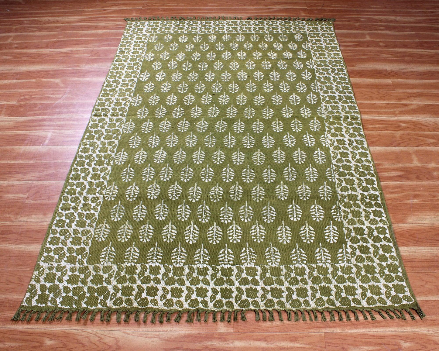 Oriantal Hand Block Print Green Beige Stylish Entrance Decor Cotton Rug