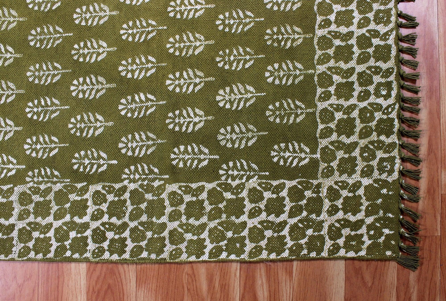 Oriantal Hand Block Print Green Beige Stylish Entrance Decor Cotton Rug