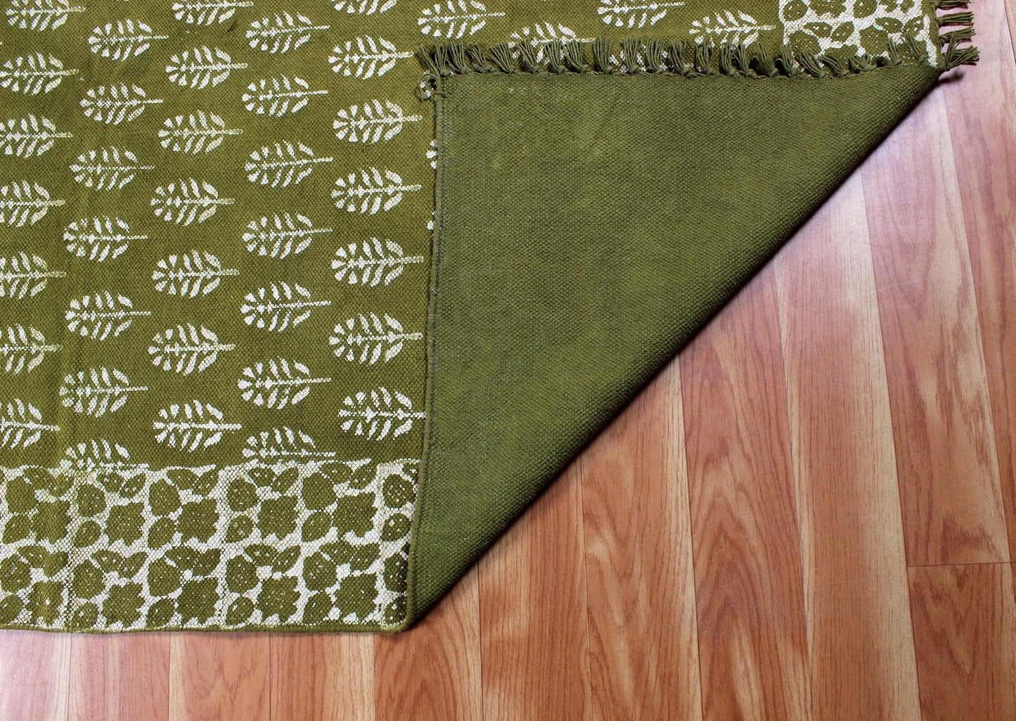 Oriantal Hand Block Print Green Beige Stylish Entrance Decor Cotton Rug