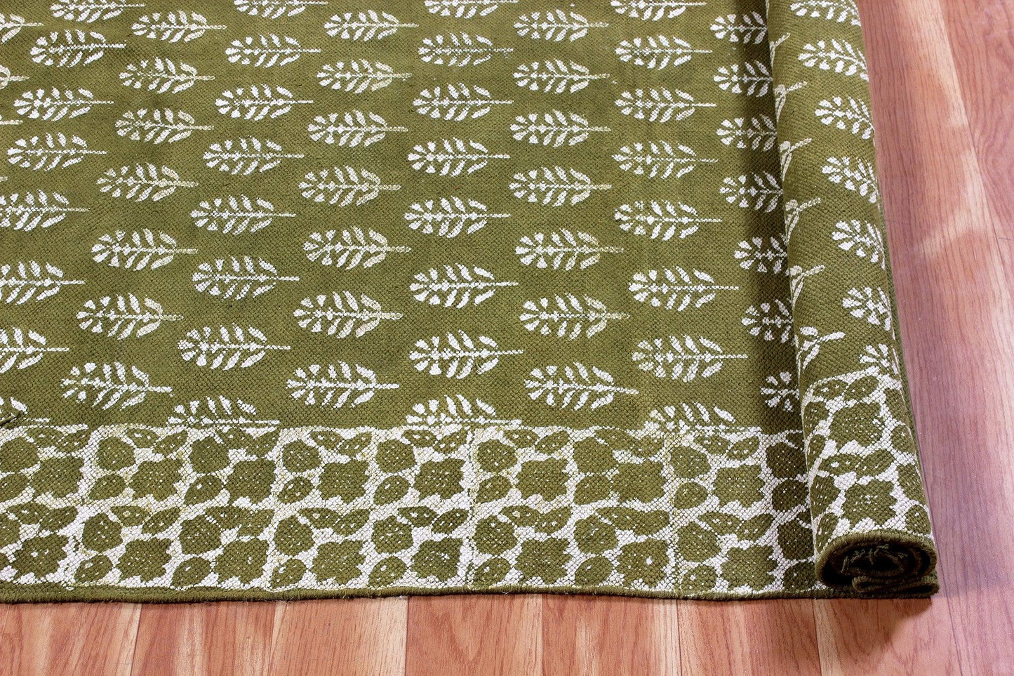 Oriantal Hand Block Print Green Beige Stylish Entrance Decor Cotton Rug