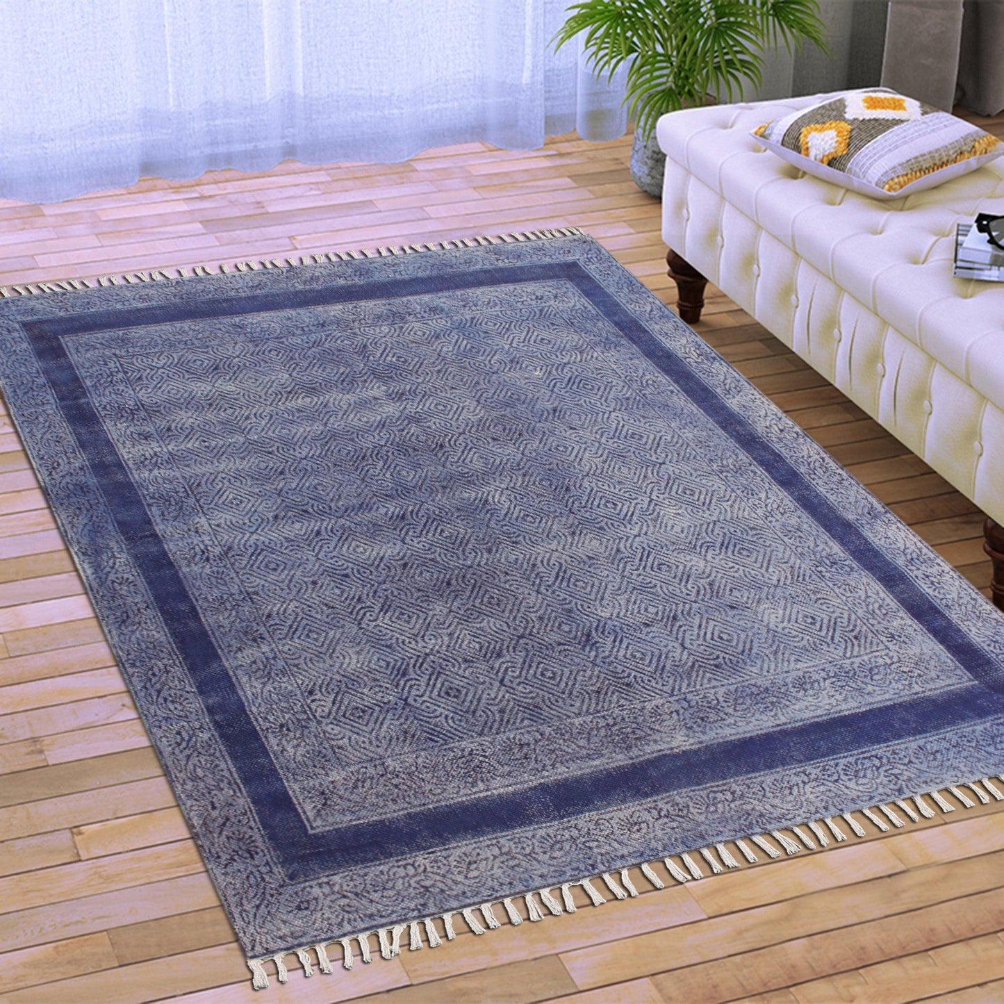Oriantal Hand Block Blue Stylish Outdoor Cotton Rug - Indian Rug Store