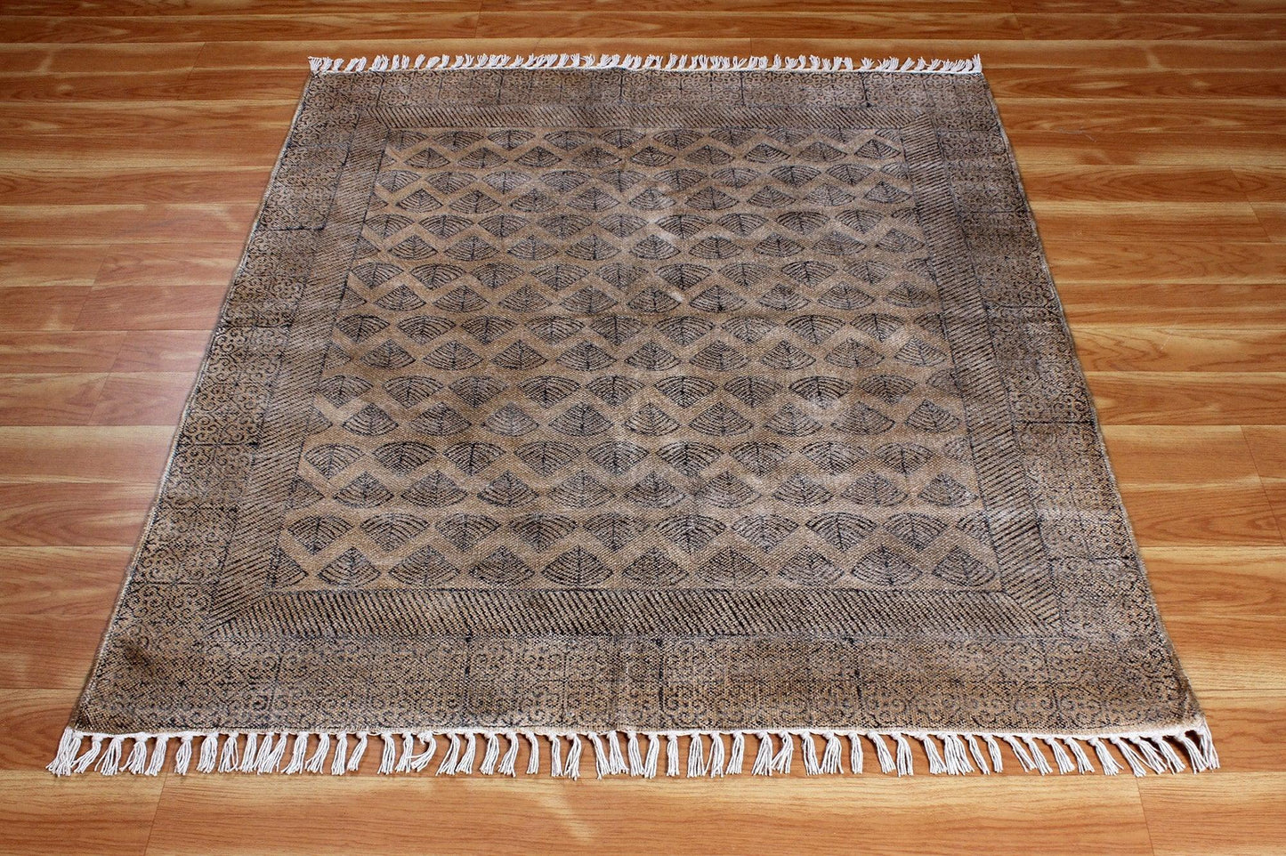 Hand Block Black Brown Stylish Outdoor Abstract Cotton Rug - Indian Rug Store