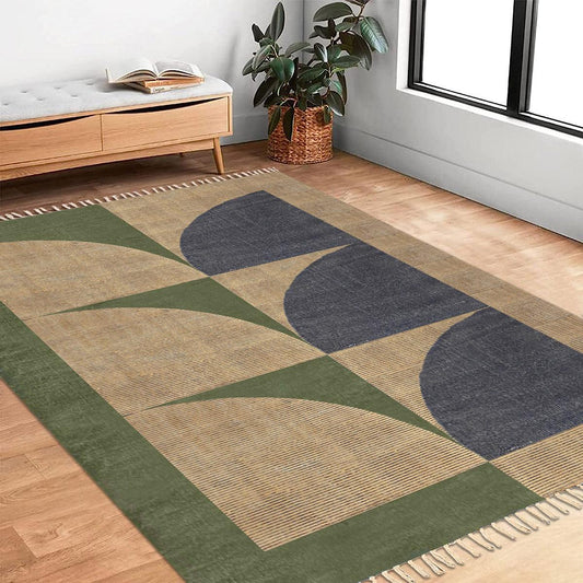 Dhurries in cotone per esterni marrone blu geometrico con fili orientali Dhurries in cotone per esterni marrone blu geometrico con fili orientali