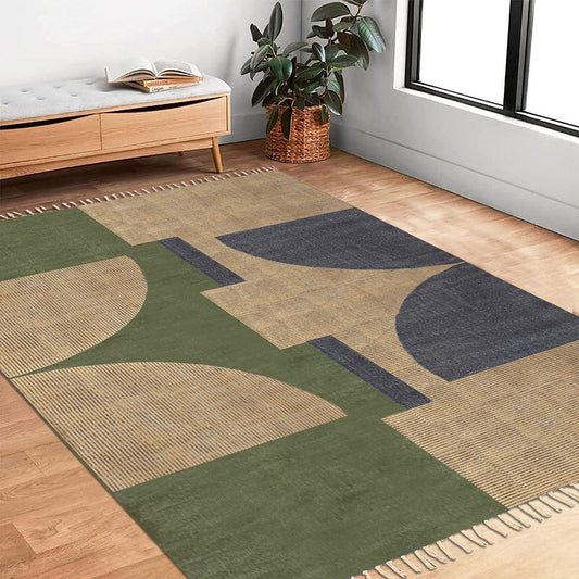 Natural Fiber Thread Work Brown Blue Sea House Cotton Dhurries Natural Fiber Thread Work Brown Blue Sea House Cotton Dhurries