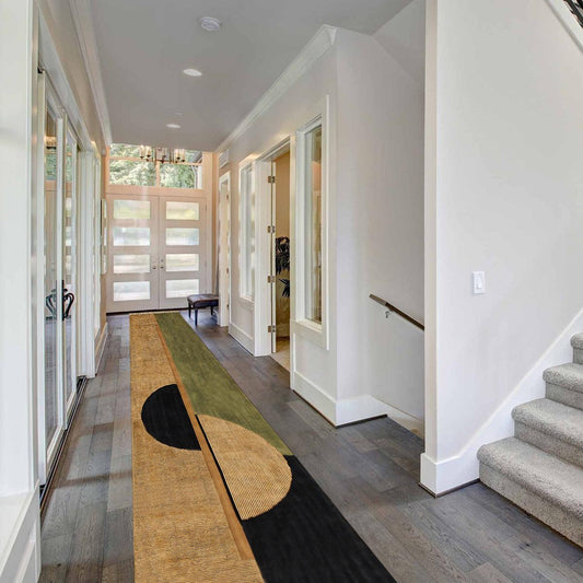 Tappeto in cotone per interni con stampa a blocchi geometrici a mano, marrone e nero Tappeto in cotone per interni con stampa a blocchi geometrici a mano, marrone e nero