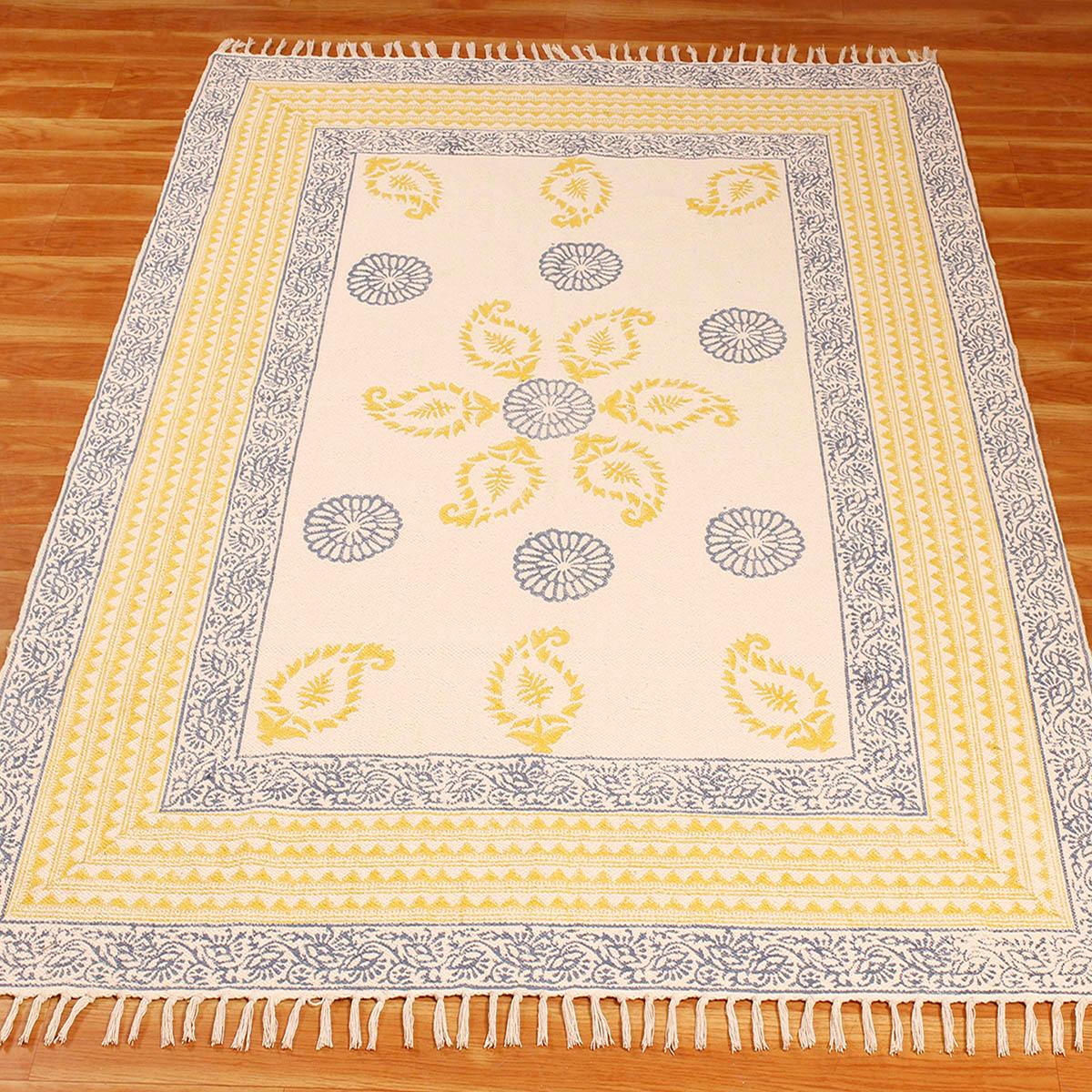 Rectangle Geometric Hand Block Print Work Blue Yellow Dining Hall Cotton Rug - Indian Rug Store