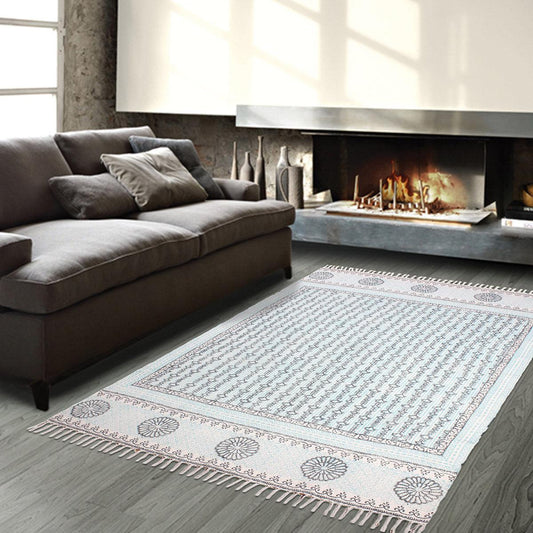 Tappeto da pranzo in cotone blu e nero con stampa a blocchi geometrici Tappeto da pranzo in cotone blu e nero con stampa a blocchi geometrici