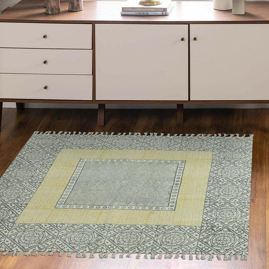 Tappeto da pranzo in cotone grigio giallo con stampa a blocchi a mano e bordato Tappeto da pranzo in cotone grigio giallo con stampa a blocchi a mano e bordato