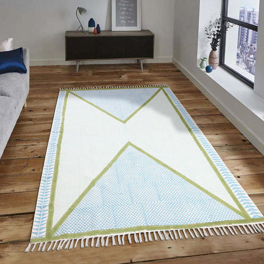 Geometric Hand Block Print Dining Hall Blue Green Cotton Rug Geometric Hand Block Print Dining Hall Blue Green Cotton Rug