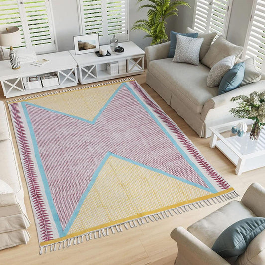 Tappeto in cotone rosso giallo con stampa geometrica a mano Tappeto in cotone rosso giallo con stampa geometrica a mano