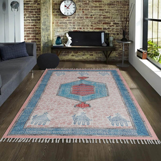 Bordered Hand Block Print Dining Hall Blue Pink Cotton Rug Bordered Hand Block Print Dining Hall Blue Pink Cotton Rug
