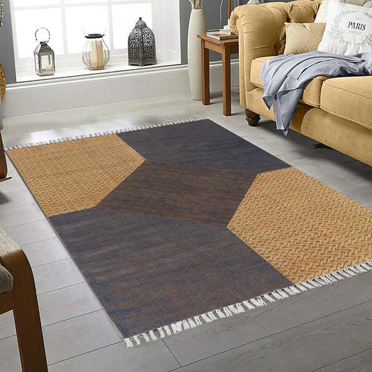 Dhurries di cotone per interni marrone e blu con lavorazione a fili orientali Dhurries di cotone per interni marrone e blu con lavorazione a fili orientali