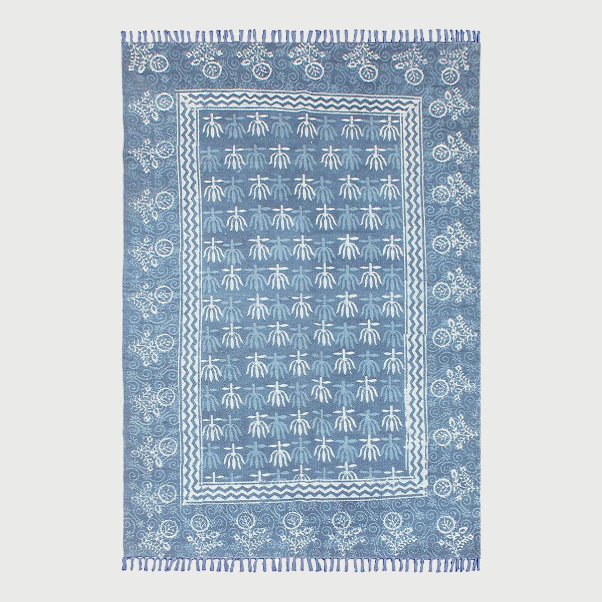 Hand Block Print Work Blue Bordered Trendy Farmhouse Decor Cotton Rug - Indian Rug Store