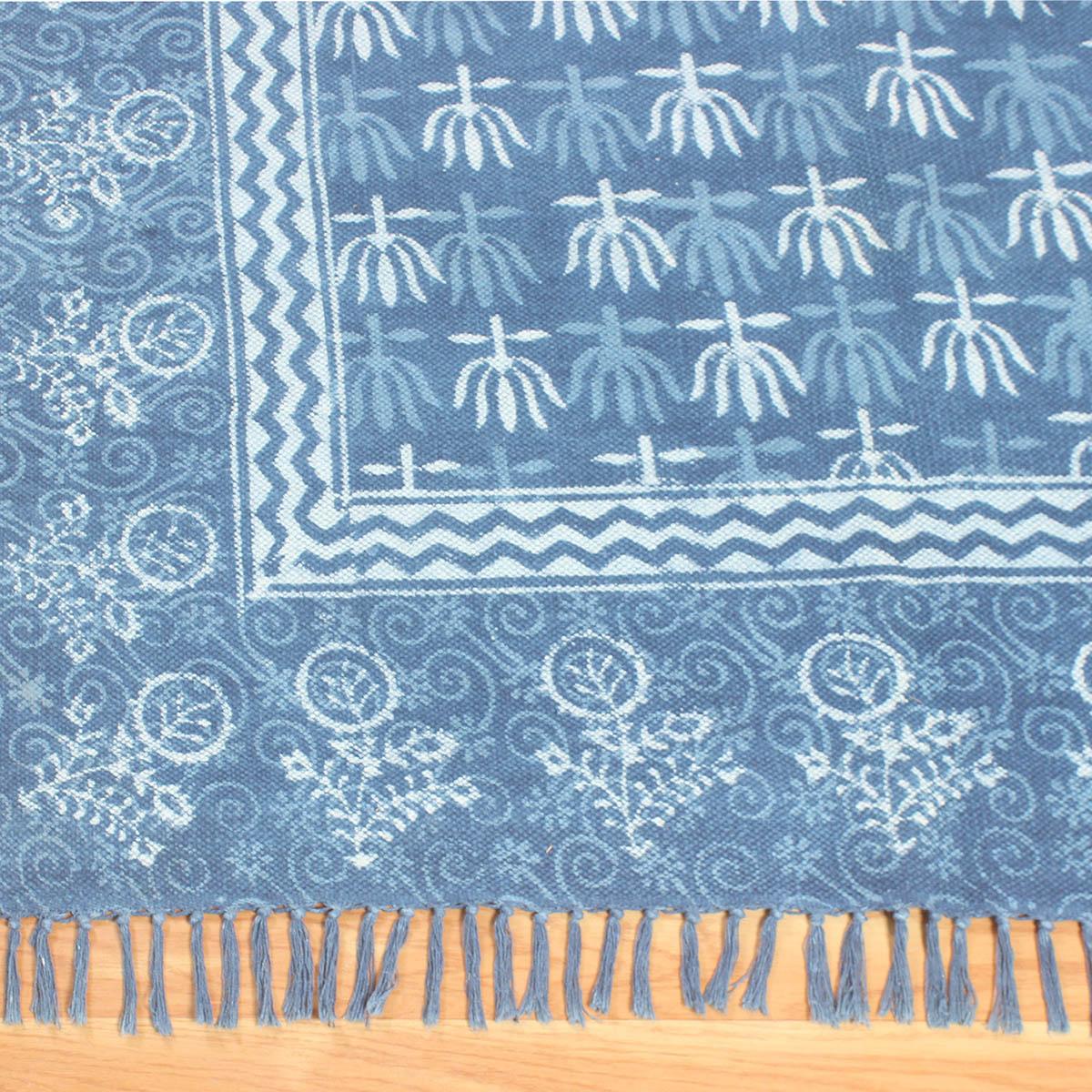 Hand Block Print Work Blue Bordered Trendy Farmhouse Decor Cotton Rug - Indian Rug Store