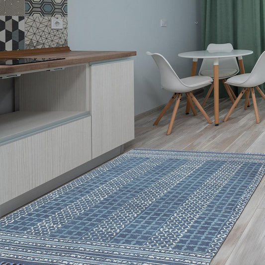 Tappeto di cotone per camera da letto con stampa a blocchi a mano blu, decorazione geometrica alla moda Tappeto di cotone per camera da letto con stampa a blocchi a mano blu, decorazione geometrica alla moda