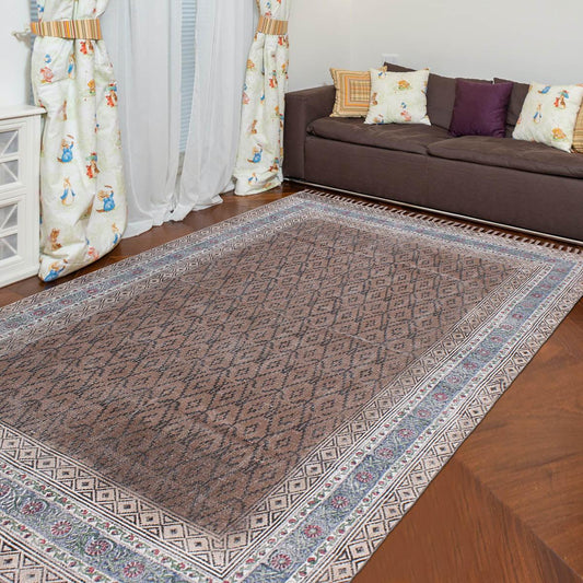 Tappeto in cotone con stampa a blocchi a mano marrone beige e motivo floreale alla moda per la camera da letto Tappeto in cotone con stampa a blocchi a mano marrone beige e motivo floreale alla moda per la camera da letto