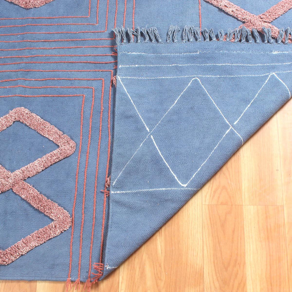 Blue Red Hand Tufted Work Geometric Trendy Farmhouse Cotton Rug - Indian Rug Store