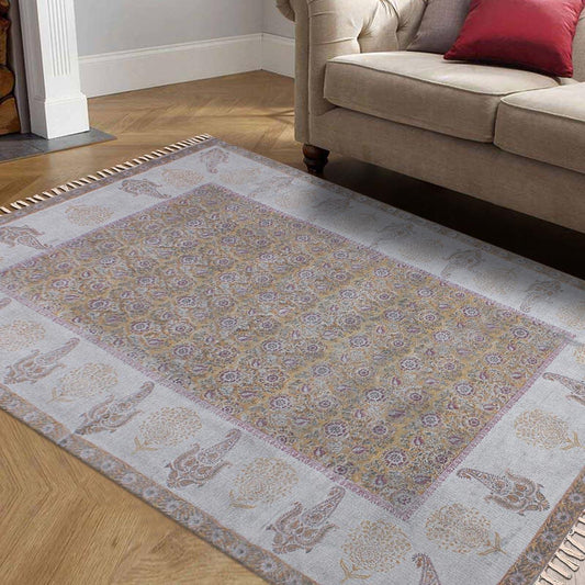 Tappeto in cotone per soggiorno alla moda con bordo stampato a mano grigio-marrone Tappeto in cotone per soggiorno alla moda con bordo stampato a mano grigio-marrone