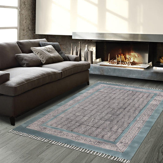 Tappeto in cotone per soggiorno alla moda con stampa a blocchi a mano, nero e blu Tappeto in cotone per soggiorno alla moda con stampa a blocchi a mano, nero e blu