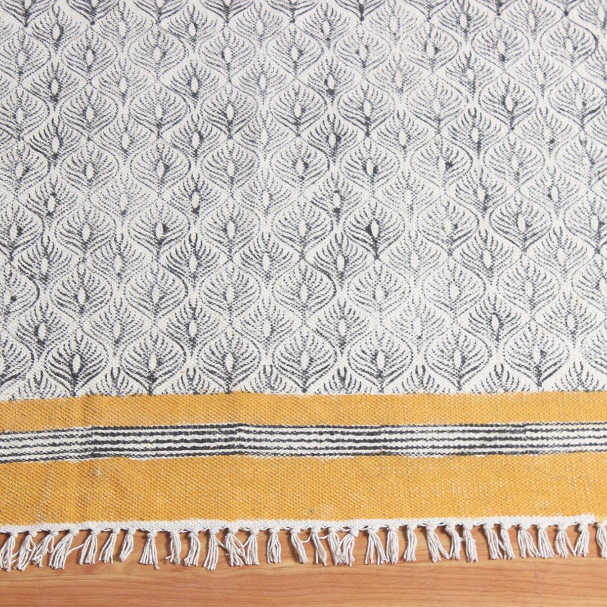 Hand Block Print Work Floral Trendy Living Area Yellow Black Cotton Rug - Indian Rug Store Hand Block Print Work Floral Trendy Living Area Yellow Black Cotton Rug - Indian Rug Store