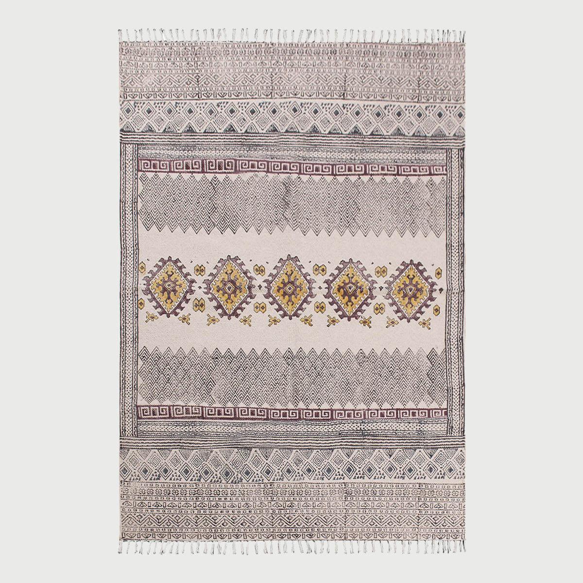 Hand Block Print Work Geometric Trendy Beige Black Living Area Cotton Rug - Indian Rug Store