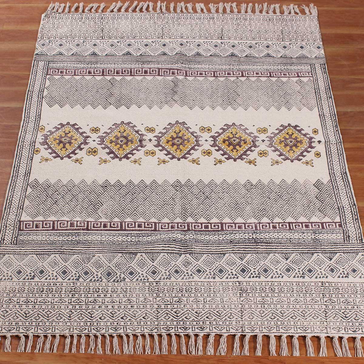 Hand Block Print Work Geometric Trendy Beige Black Living Area Cotton Rug - Indian Rug Store