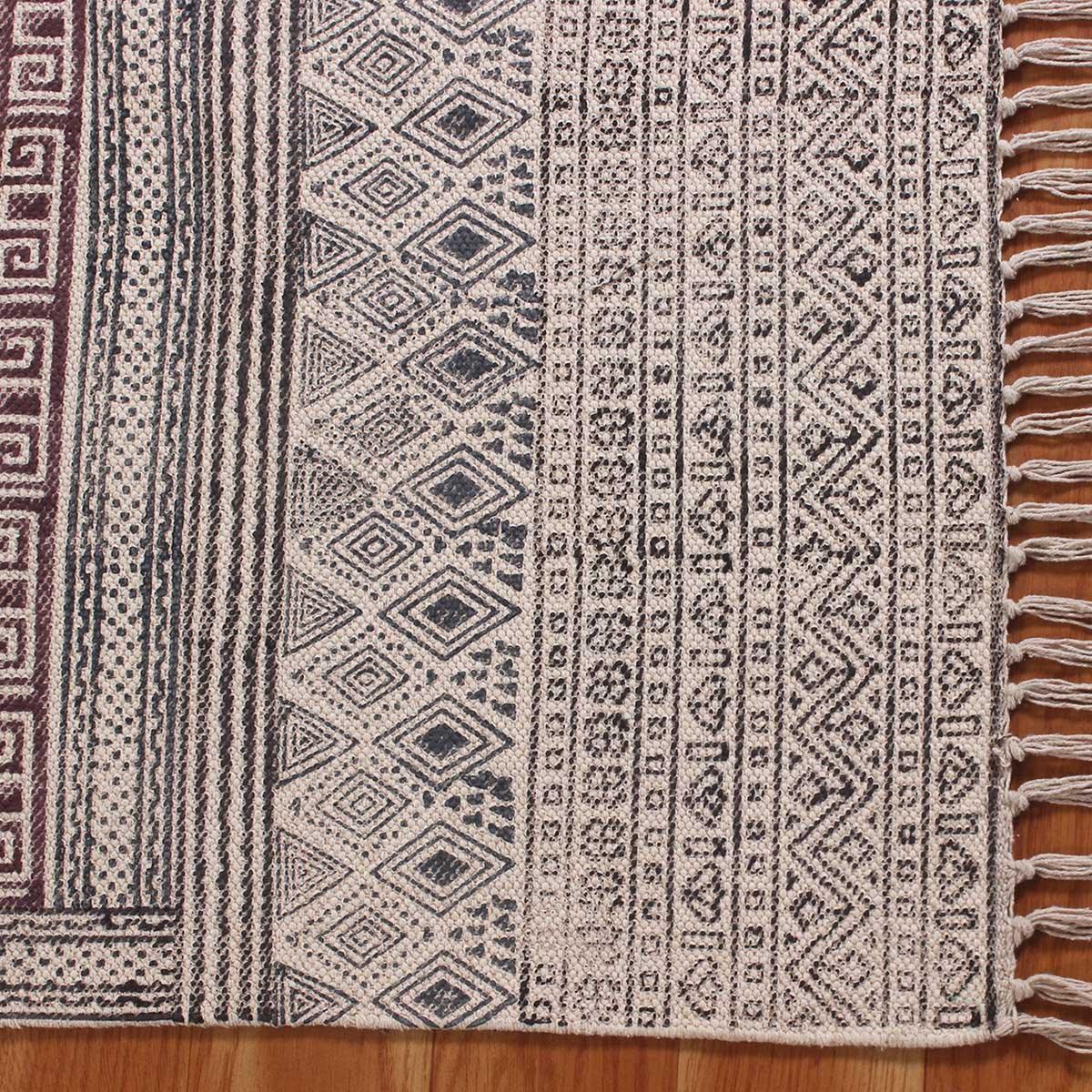 Hand Block Print Work Geometric Trendy Beige Black Living Area Cotton Rug - Indian Rug Store