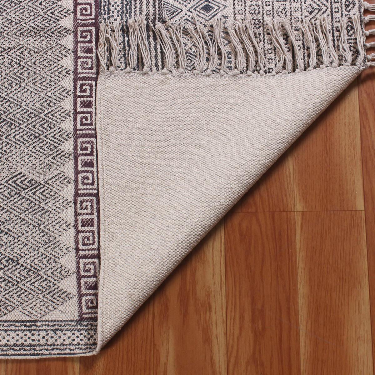 Hand Block Print Work Geometric Trendy Beige Black Living Area Cotton Rug - Indian Rug Store