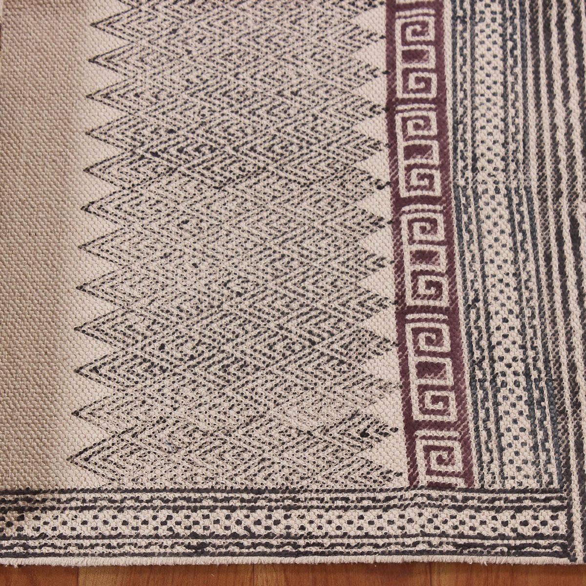 Hand Block Print Work Geometric Trendy Beige Black Living Area Cotton Rug - Indian Rug Store