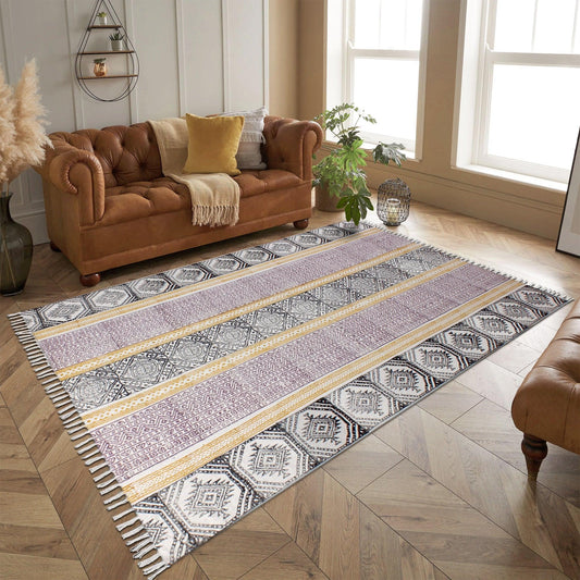 Tappeto di cotone con stampa a blocchi a mano, motivo geometrico nero e giallo alla moda Tappeto di cotone con stampa a blocchi a mano, motivo geometrico nero e giallo alla moda