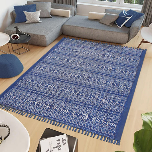 Tappeto di cotone con decorazione a strisce blu beige e stampa a blocchi a mano Tappeto di cotone con decorazione a strisce blu beige e stampa a blocchi a mano