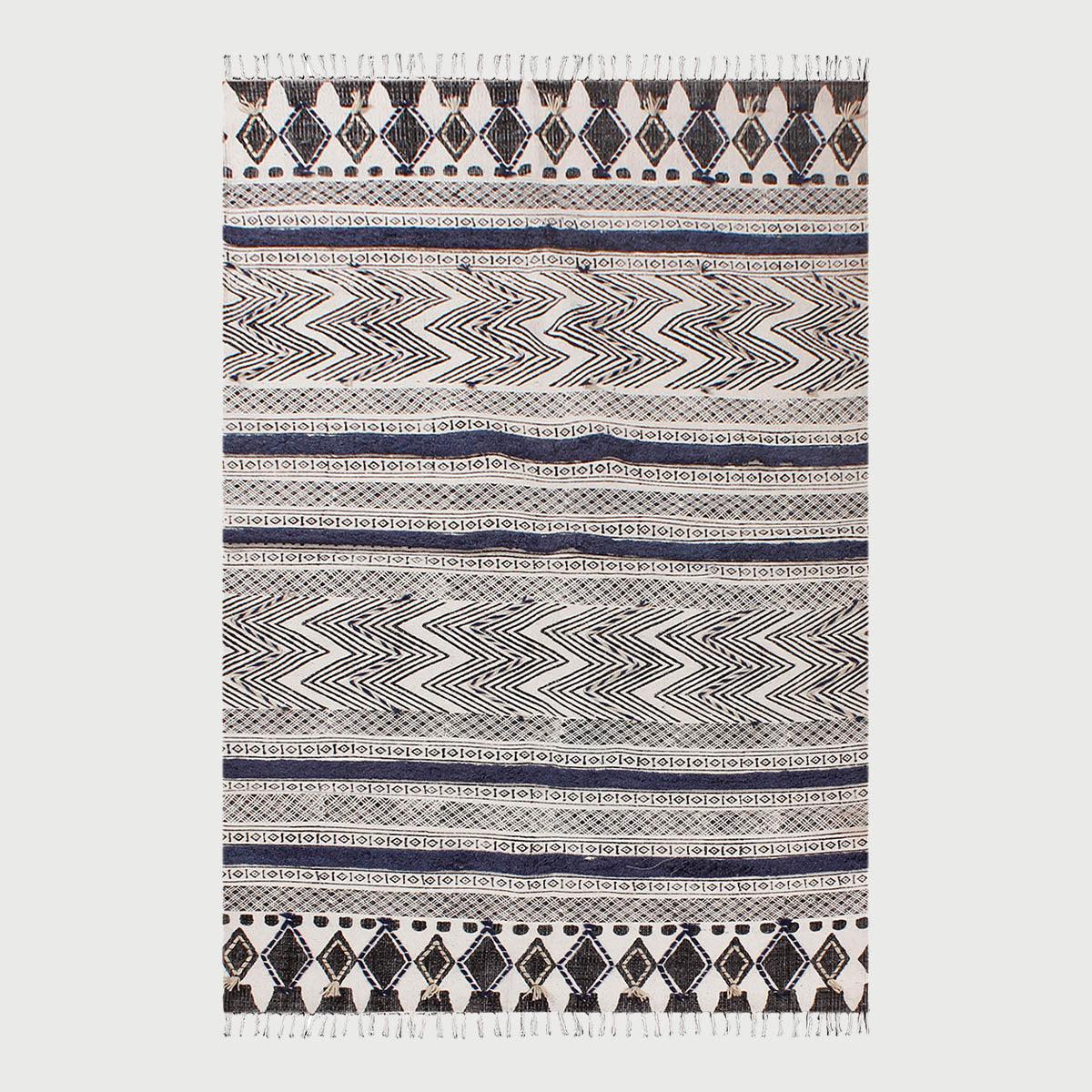 Geometric Hand Tufted Work Blue Black Entrance Decor Cotton Rug - Indian Rug Store