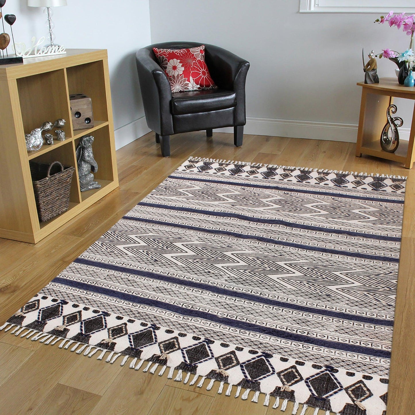 Geometric Hand Tufted Work Blue Black Entrance Decor Cotton Rug - Indian Rug Store