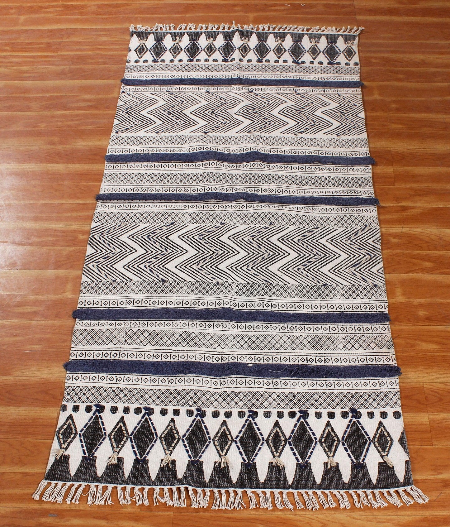 Geometric Hand Tufted Work Blue Black Entrance Decor Cotton Rug - Indian Rug Store