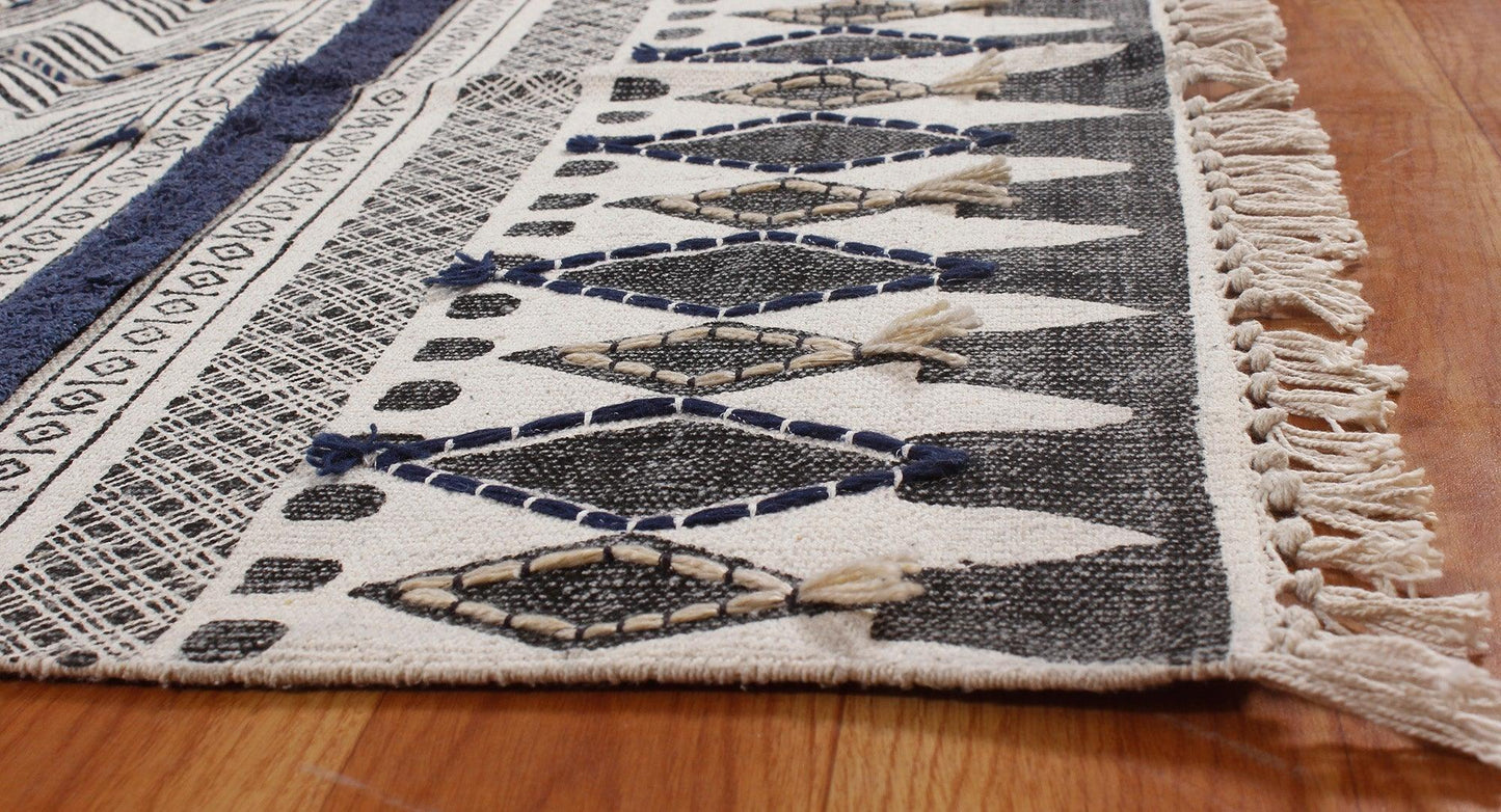 Geometric Hand Tufted Work Blue Black Entrance Decor Cotton Rug - Indian Rug Store