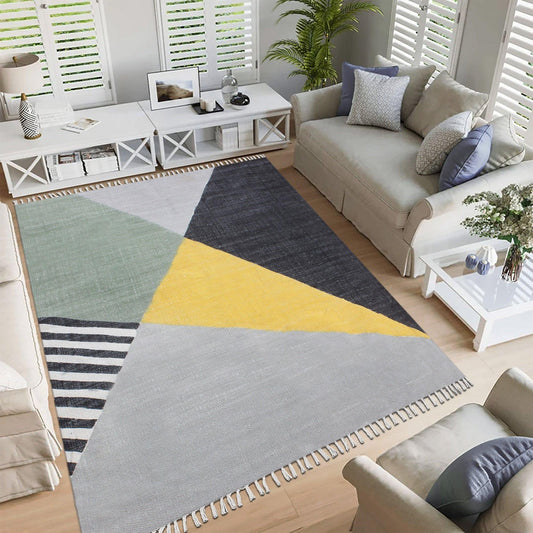 Tappeto di cotone decorativo per ingresso attraente con stampa a blocchi geometrici a mano, nero e giallo Tappeto di cotone decorativo per ingresso attraente con stampa a blocchi geometrici a mano, nero e giallo