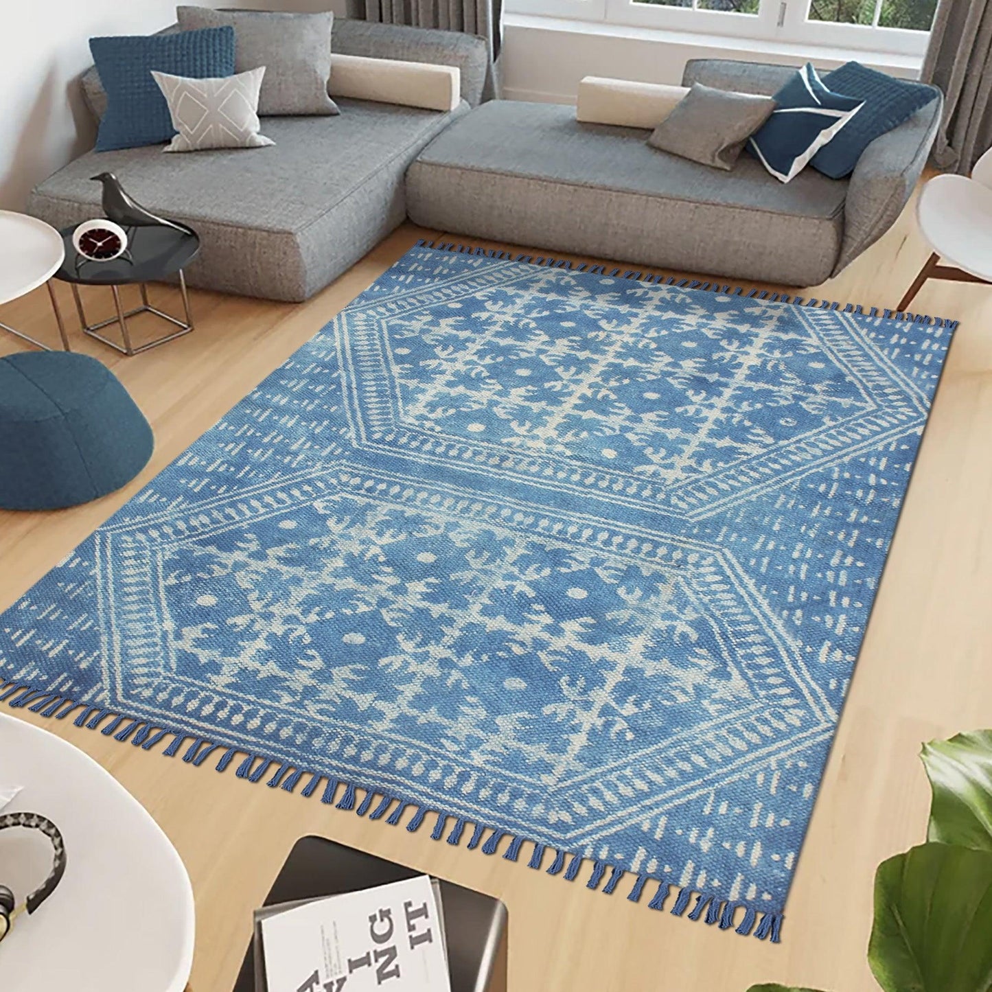 Geometric Hand Block Print Blue Beige Attractive Entrance Decor Cotton Rug - Indian Rug Store