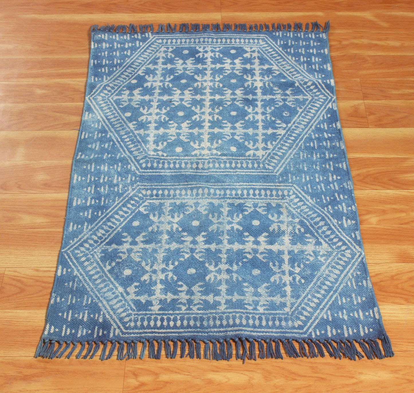 Geometric Hand Block Print Blue Beige Attractive Entrance Decor Cotton Rug - Indian Rug Store