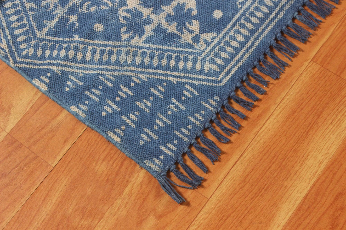 Geometric Hand Block Print Blue Beige Attractive Entrance Decor Cotton Rug - Indian Rug Store
